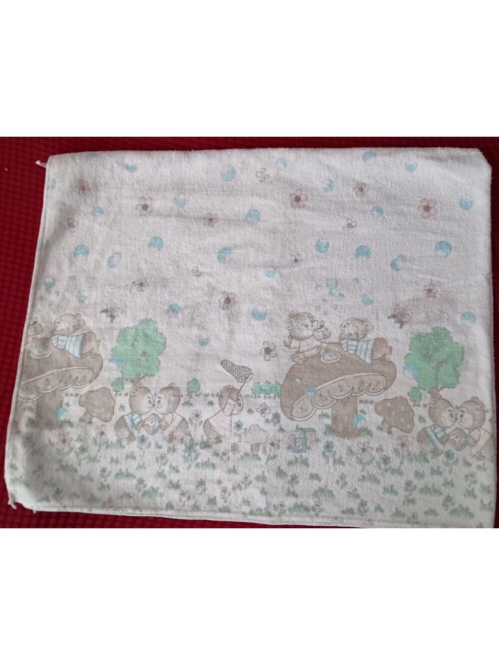 Vintage Toddle Time Teddy Bear Baby Receiving Blanket Flannel Mushrooms Bubbles